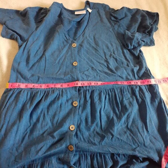 Susan Graver Women's Size 1X Blue Linen Blend Tiered Button Front Midi Dress - Picture 12 of 13